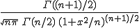 \frac{\Gamma((n+1)/2)} {\sqrt{n\pi}\,\Gamma(n/2)\,(1+x^2/n)^{(n+1)/2}}\!